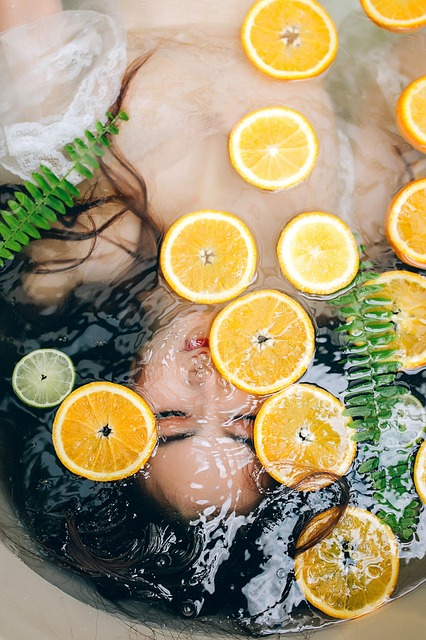 orange, skincare, bath, water, woman, nature, model, wellness